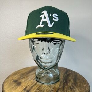 New Era Oakland Athletics Hat Green/Yellow Plain Logo Fitted Cap Size Men 7 5/8